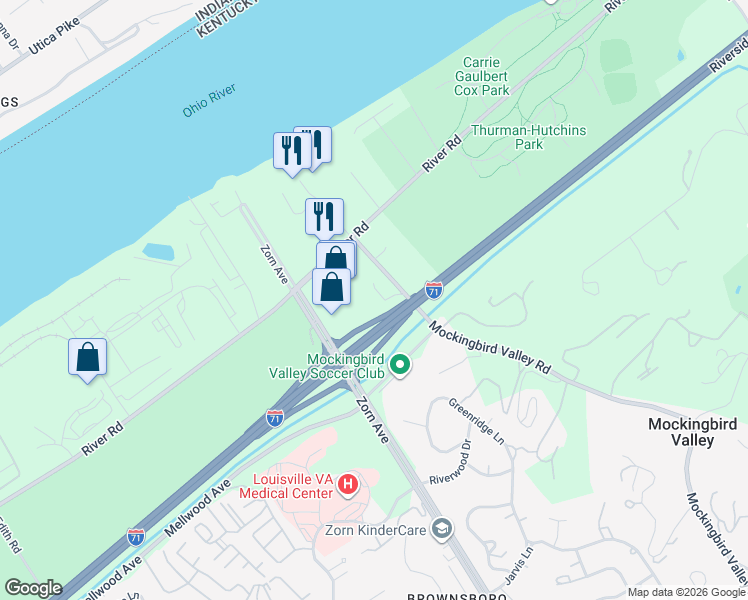 map of restaurants, bars, coffee shops, grocery stores, and more near 1031 Zorn Ave in Louisville
