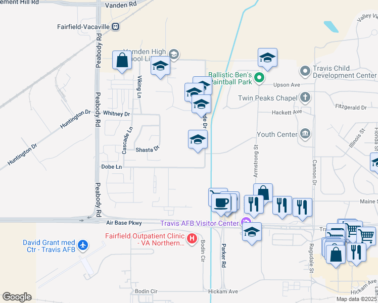 map of restaurants, bars, coffee shops, grocery stores, and more near 2651 De Ronde Drive in Fairfield