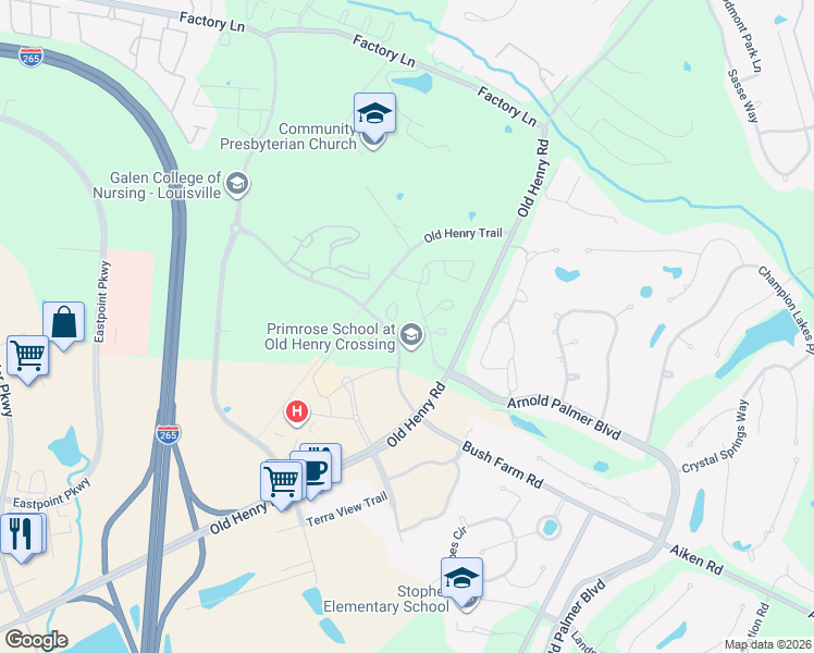 map of restaurants, bars, coffee shops, grocery stores, and more near 14503 McKinley Ridge Drive in Louisville