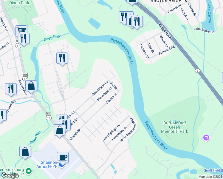 map of restaurants, bars, coffee shops, grocery stores, and more near 233 Mansfield Street in Fredericksburg