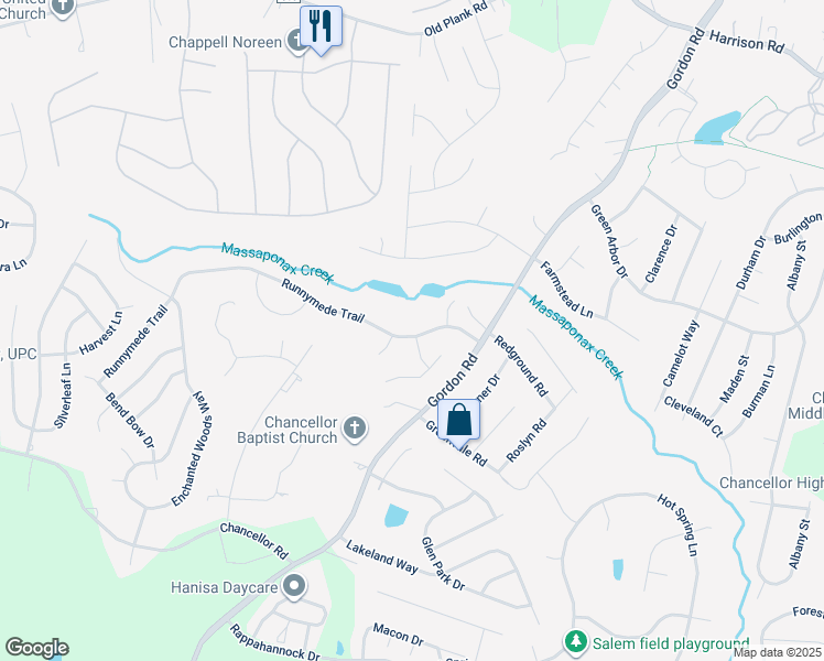 map of restaurants, bars, coffee shops, grocery stores, and more near 6917 Runnymede Trail in Fredericksburg