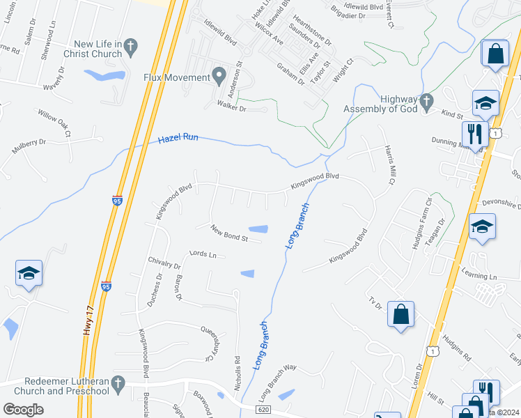 map of restaurants, bars, coffee shops, grocery stores, and more near 11704 Exeter Court in Fredericksburg