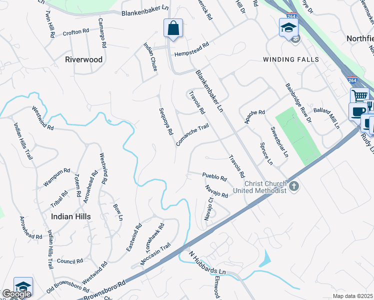 map of restaurants, bars, coffee shops, grocery stores, and more near 5511 Apache Road in Louisville