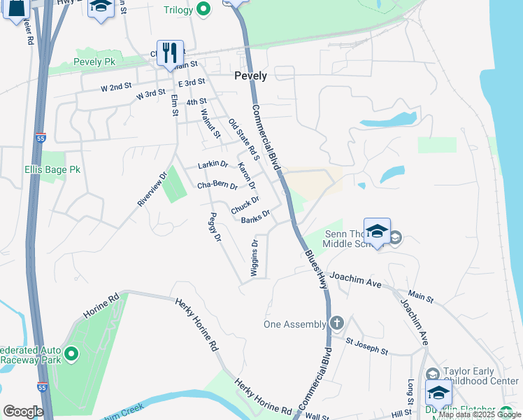 map of restaurants, bars, coffee shops, grocery stores, and more near 621 Banks Drive in Pevely