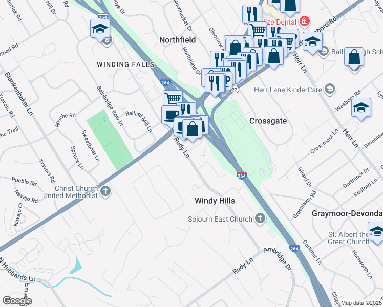 map of restaurants, bars, coffee shops, grocery stores, and more near 707 Rudy Lane in Louisville