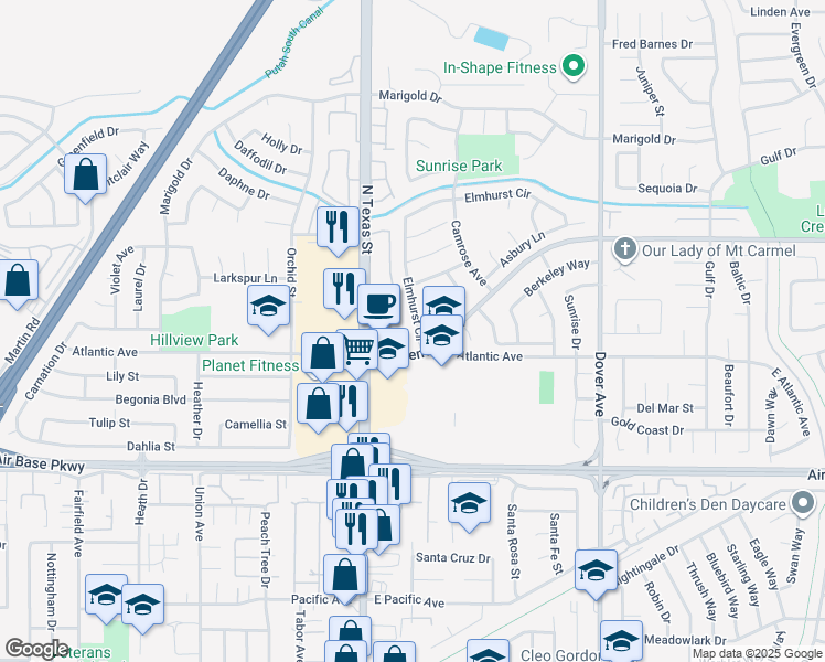 map of restaurants, bars, coffee shops, grocery stores, and more near 2625 Elmhurst Circle in Fairfield