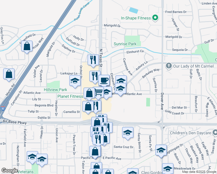 map of restaurants, bars, coffee shops, grocery stores, and more near 2625 Elmhurst Circle in Fairfield
