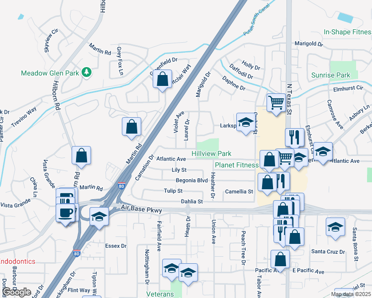 map of restaurants, bars, coffee shops, grocery stores, and more near Manzanita Ave & Laurel Dr in Fairfield