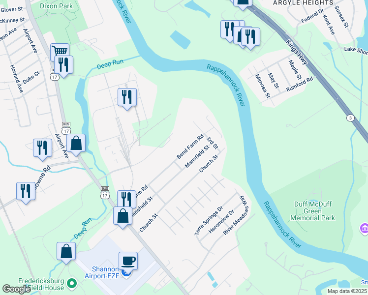 map of restaurants, bars, coffee shops, grocery stores, and more near 210 Bend Farm Road in Fredericksburg