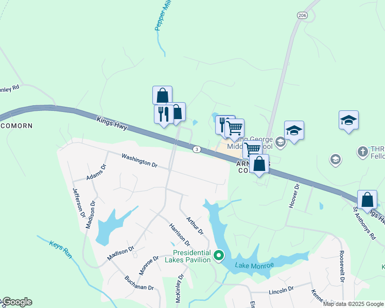 map of restaurants, bars, coffee shops, grocery stores, and more near 8038 Kings Highway in King George