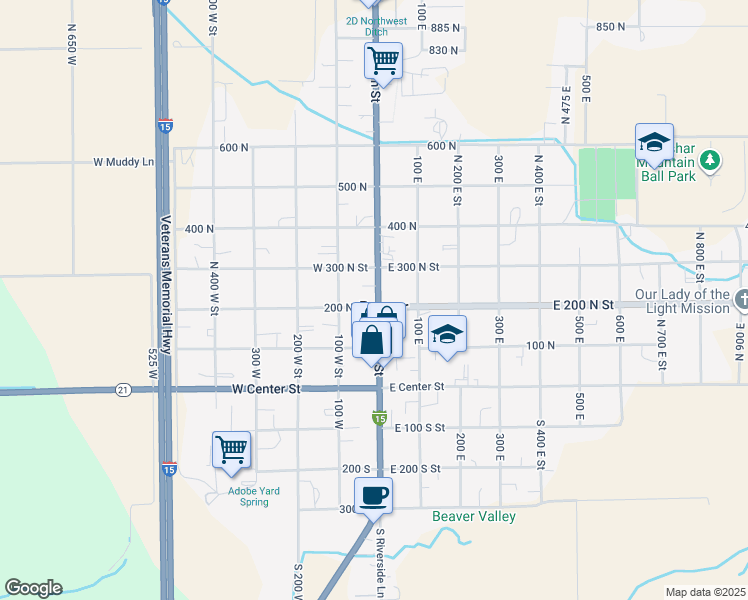 map of restaurants, bars, coffee shops, grocery stores, and more near 50 West 200 North Street in Beaver