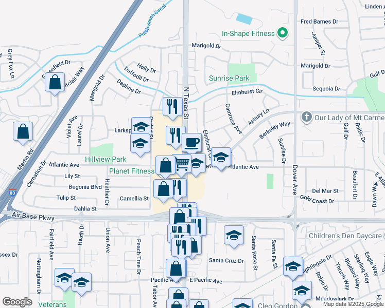 map of restaurants, bars, coffee shops, grocery stores, and more near 2750 North Texas Street in Fairfield