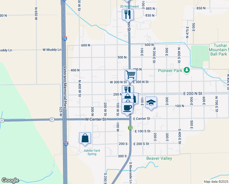 map of restaurants, bars, coffee shops, grocery stores, and more near 100-198 West 200 North Street in Beaver