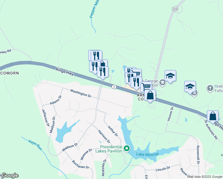 map of restaurants, bars, coffee shops, grocery stores, and more near 8038 Kings Highway in King George