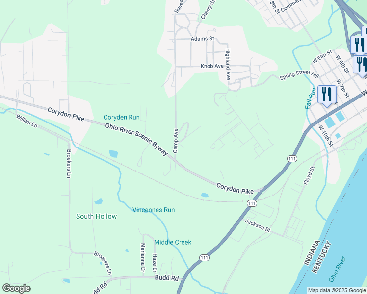 map of restaurants, bars, coffee shops, grocery stores, and more near 130 Camp Avenue in New Albany