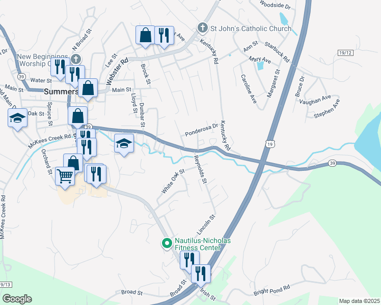 map of restaurants, bars, coffee shops, grocery stores, and more near 1038 Arbuckle Road in Summersville