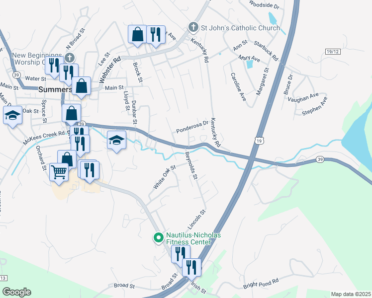 map of restaurants, bars, coffee shops, grocery stores, and more near 1038 Arbuckle Road in Summersville