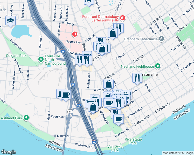map of restaurants, bars, coffee shops, grocery stores, and more near 835 Spring Street in Jeffersonville