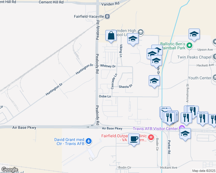 map of restaurants, bars, coffee shops, grocery stores, and more near 127 Manchester Drive in Fairfield