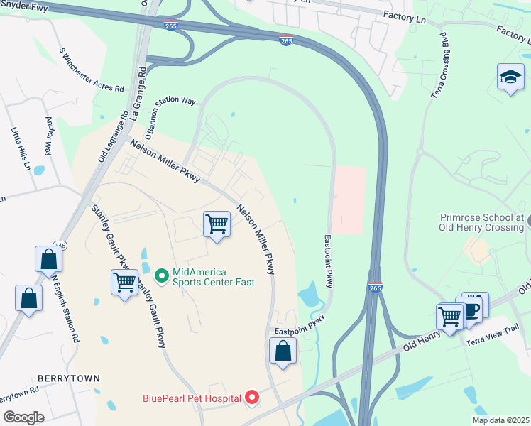 map of restaurants, bars, coffee shops, grocery stores, and more near 2101 Nelson Miller Parkway in Louisville