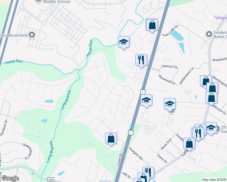 map of restaurants, bars, coffee shops, grocery stores, and more near 1633 Hudgins Farm Circle in Fredericksburg