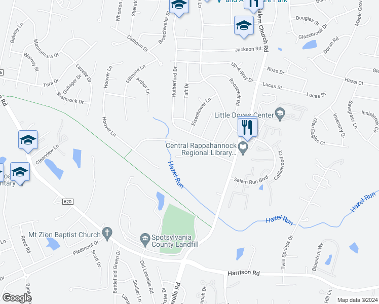 map of restaurants, bars, coffee shops, grocery stores, and more near 5900 Danielle Drive in Fredericksburg