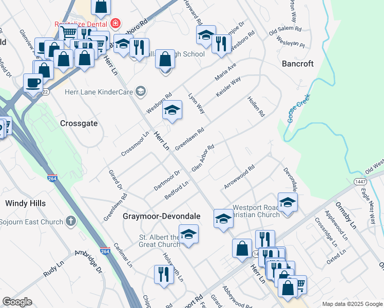 map of restaurants, bars, coffee shops, grocery stores, and more near 1804 Leawood Court in Louisville