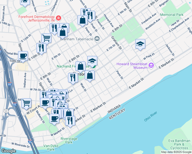 map of restaurants, bars, coffee shops, grocery stores, and more near 629 East Maple Street in Jeffersonville