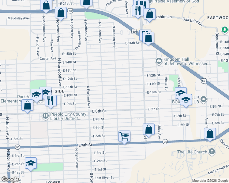 map of restaurants, bars, coffee shops, grocery stores, and more near 1902 East 10th Street in Pueblo