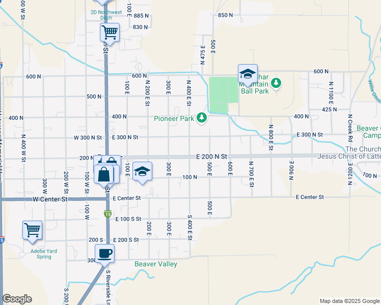 map of restaurants, bars, coffee shops, grocery stores, and more near 401 East 200 North Street in Beaver