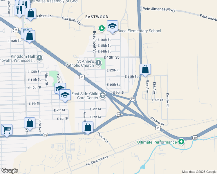 map of restaurants, bars, coffee shops, grocery stores, and more near 2811 East 9th Street in Pueblo