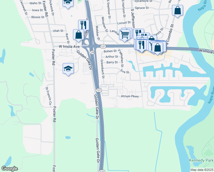 map of restaurants, bars, coffee shops, grocery stores, and more near 945 Elwood Court in Napa
