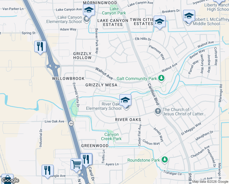 map of restaurants, bars, coffee shops, grocery stores, and more near 854 Pecan Tree Lane in Galt