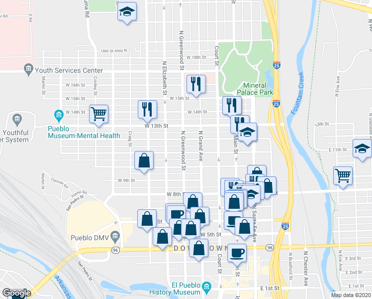 map of restaurants, bars, coffee shops, grocery stores, and more near 423 West 11th Street in Pueblo