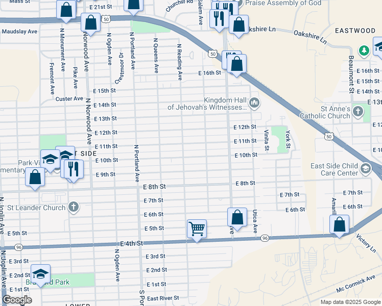 map of restaurants, bars, coffee shops, grocery stores, and more near 1902 East 10th Street in Pueblo