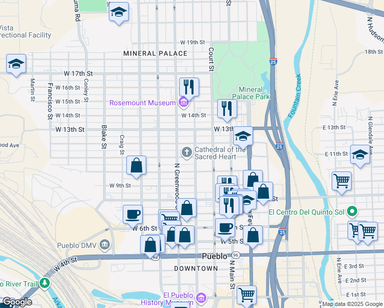 map of restaurants, bars, coffee shops, grocery stores, and more near 1008 North Grand Avenue in Pueblo
