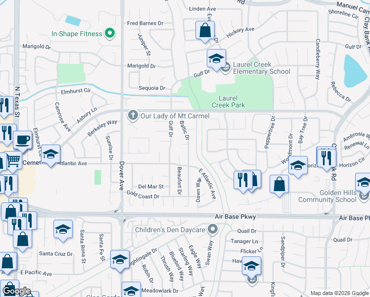 map of restaurants, bars, coffee shops, grocery stores, and more near 2558 Baltic Drive in Fairfield