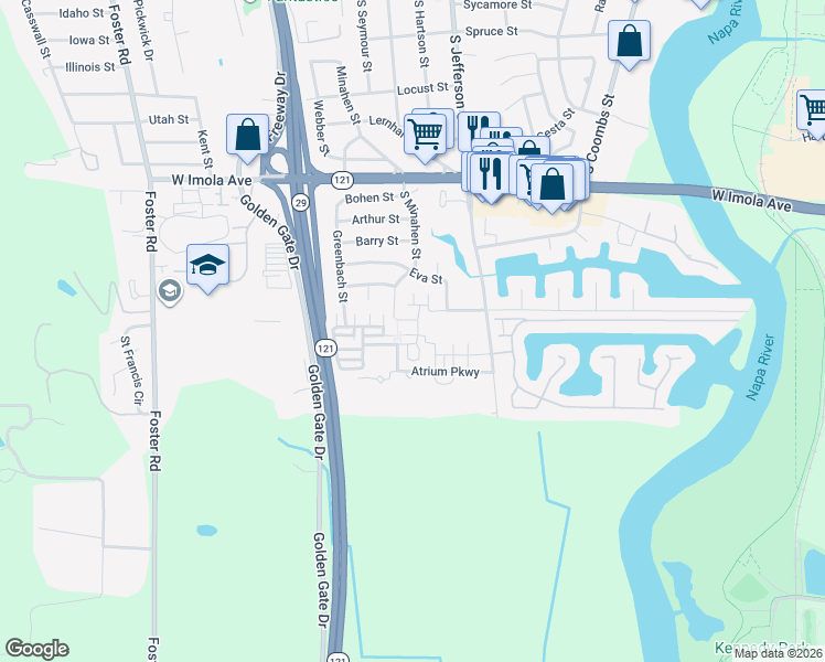 map of restaurants, bars, coffee shops, grocery stores, and more near 2105 Funny Cide Street in Napa