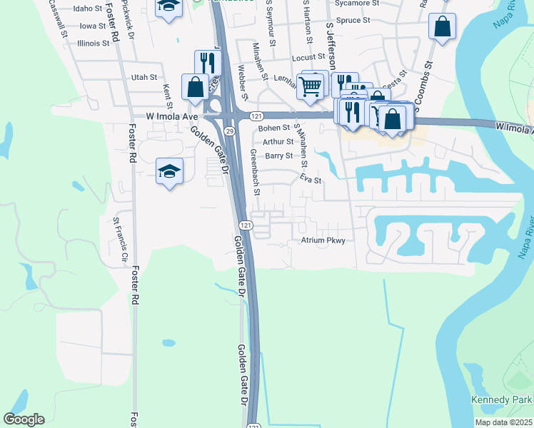 map of restaurants, bars, coffee shops, grocery stores, and more near 945 Elwood Court in Napa