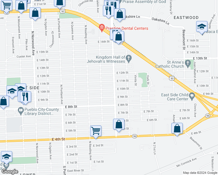 map of restaurants, bars, coffee shops, grocery stores, and more near 2021 East 10th Street in Pueblo