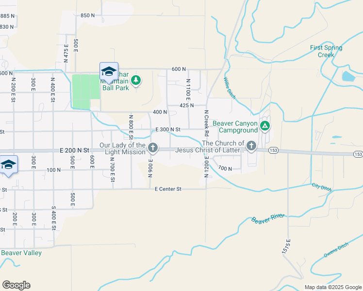 map of restaurants, bars, coffee shops, grocery stores, and more near 1045 East 200 North Street in Beaver