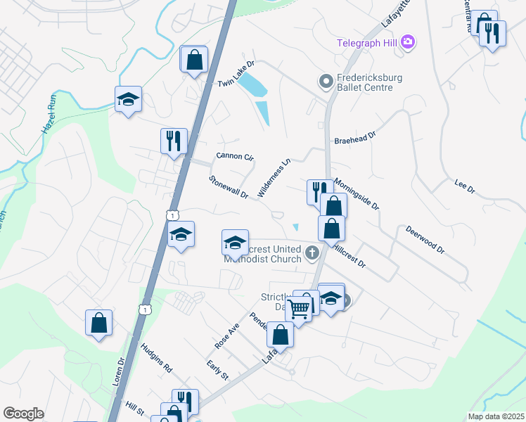 map of restaurants, bars, coffee shops, grocery stores, and more near 202 Stonewall Drive in Fredericksburg