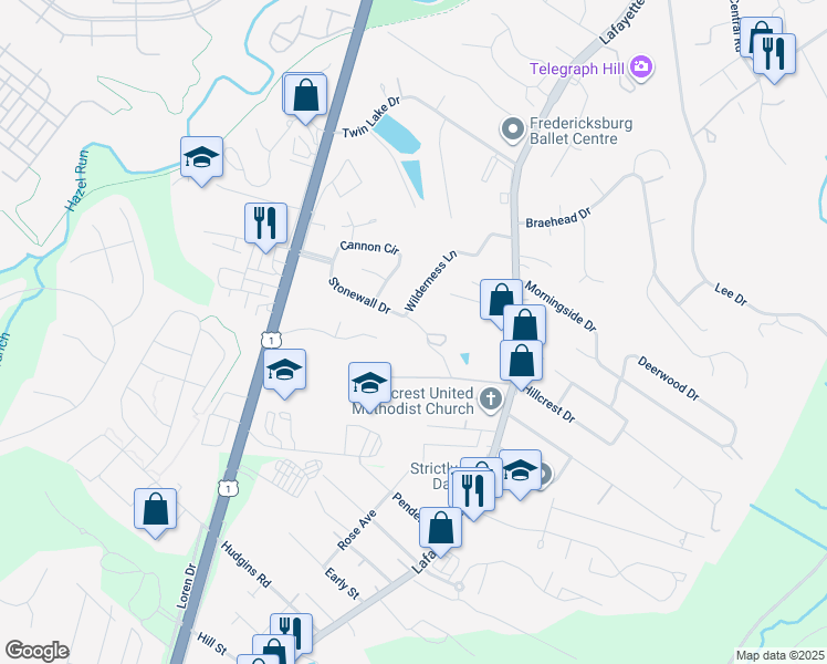 map of restaurants, bars, coffee shops, grocery stores, and more near 202 Stonewall Drive in Fredericksburg