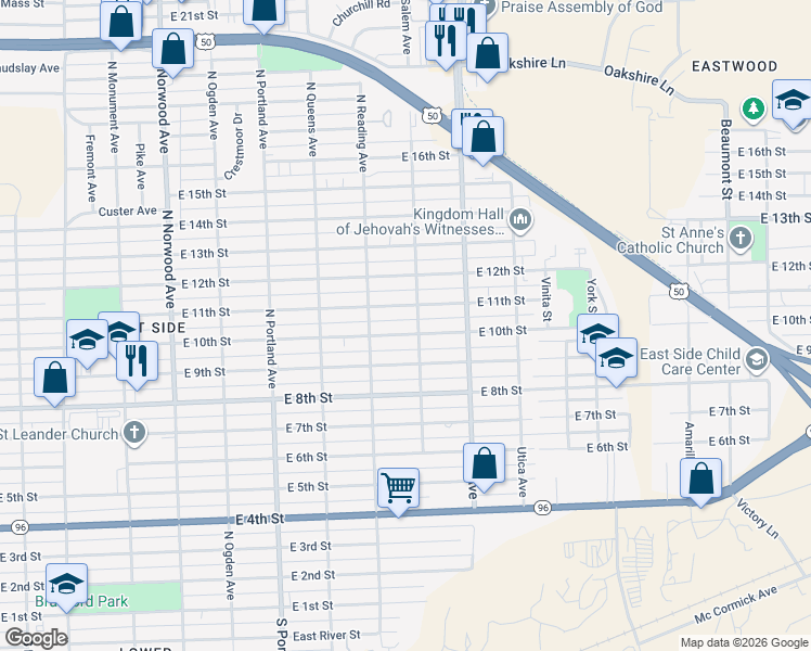 map of restaurants, bars, coffee shops, grocery stores, and more near 1934 East 10th Street in Pueblo