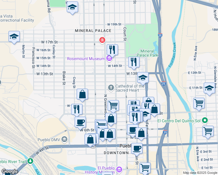 map of restaurants, bars, coffee shops, grocery stores, and more near 423 West 11th Street in Pueblo
