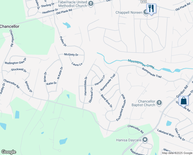 map of restaurants, bars, coffee shops, grocery stores, and more near 7312 Beechplum Road in Fredericksburg