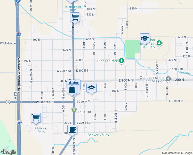 map of restaurants, bars, coffee shops, grocery stores, and more near 215 East 200 North Street in Beaver