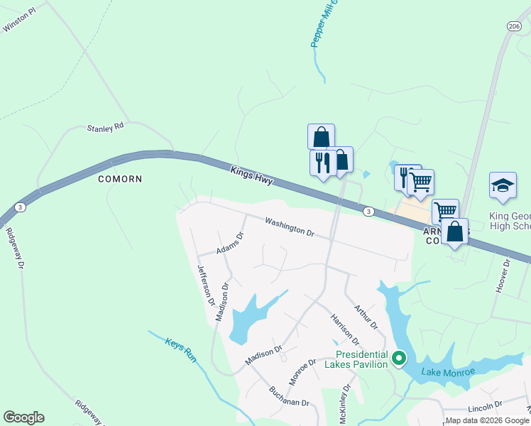 map of restaurants, bars, coffee shops, grocery stores, and more near 7367 Washington Drive in King George