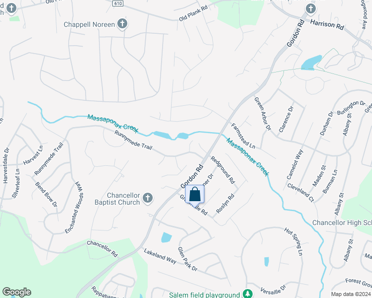 map of restaurants, bars, coffee shops, grocery stores, and more near 6909 Runnymede Trail in Fredericksburg