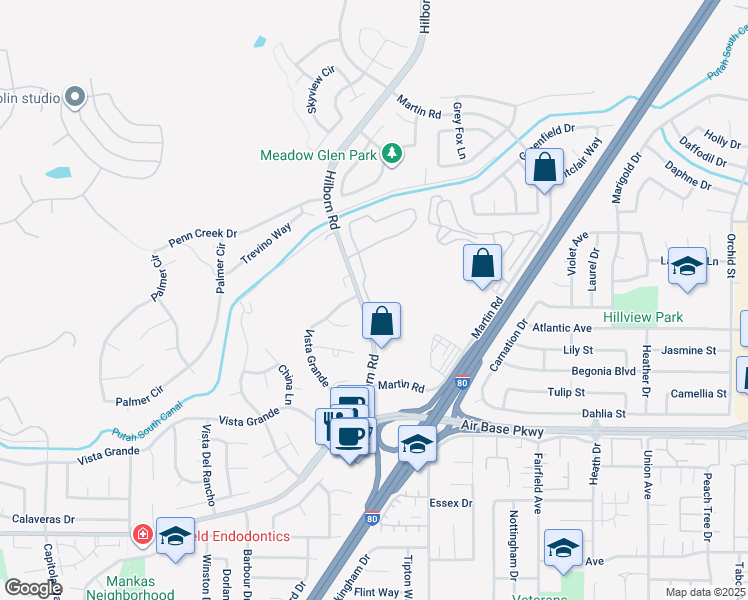map of restaurants, bars, coffee shops, grocery stores, and more near 2550 Hilborn Road in Fairfield